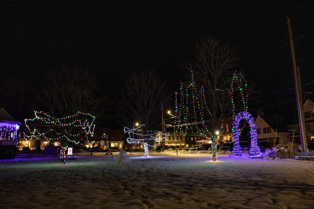 Glow of Christmas lights on the South Royalton Green