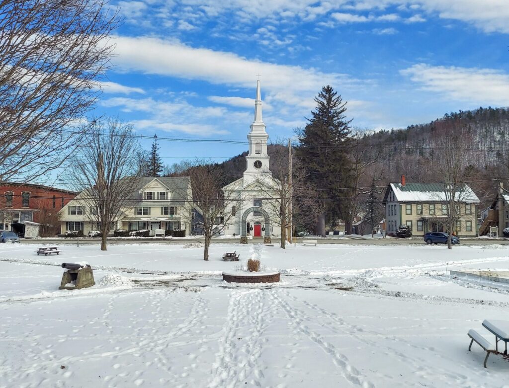 Red Door Church in winter from Green